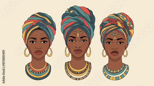 Three African Women Portraits with Colorful Headwraps and Jewelry.