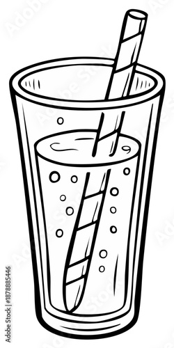 Hand-drawn black and white illustration of a tall glass filled with a bubbly beverage and a striped straw