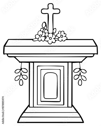 Hand drawn altar with cross and flowers for coloring in black and white vector illustration