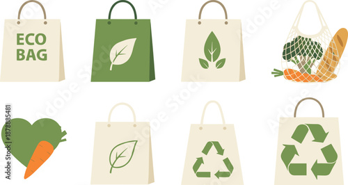 Sustainable lifestyle vector illustration set featuring reusable eco bags with leaf motifs, recycling symbols, net grocery bags with fresh produce, and paper bags.