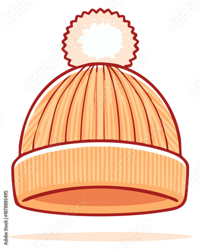 Knitted Orange Beanie Hat with PomPom Vector Illustration Isolated
