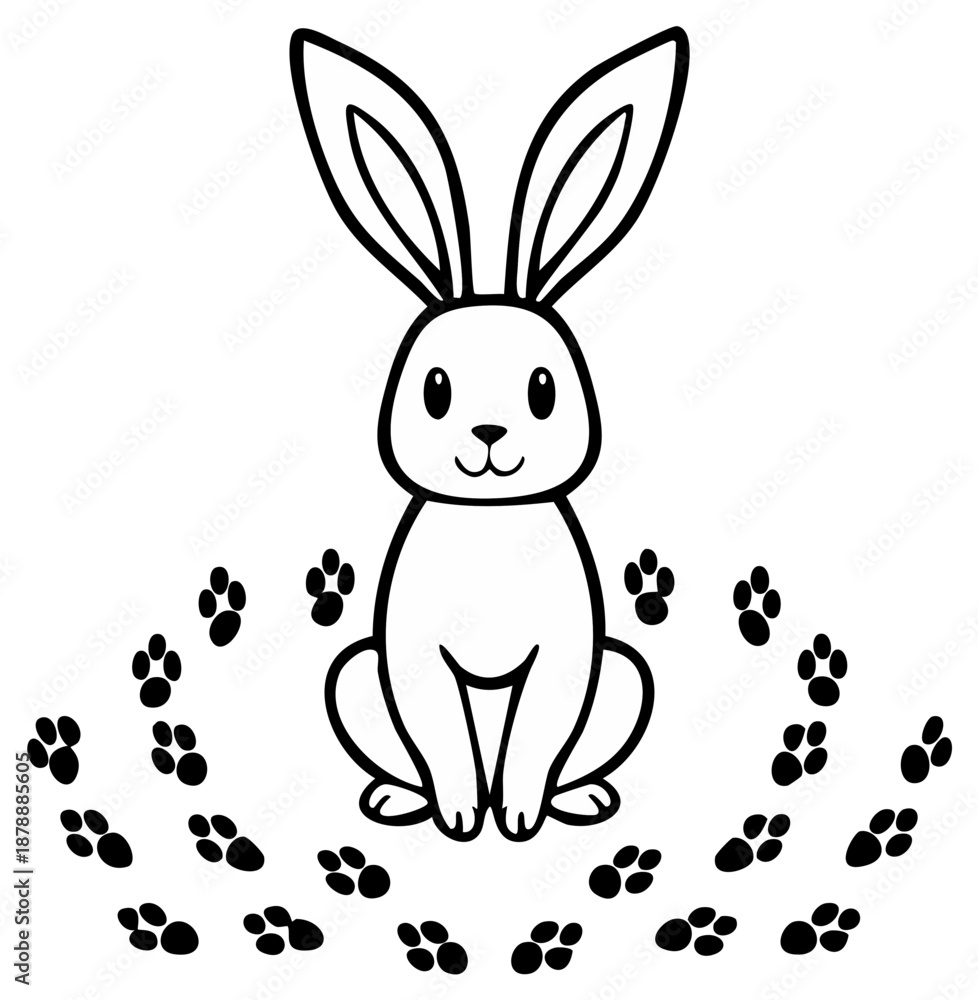 Obraz premium Whimsical Rabbit with Paw Prints Around It on White Background for Easter Crafts