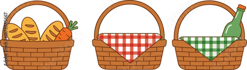 Set of wicker picnic basket vector illustrations featuring empty hampers, baskets with checkered linens, fresh bread loaves, carrots, and wine bottles.
