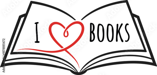 Creative vector line art of open book with red heart symbol and text I love books for education design