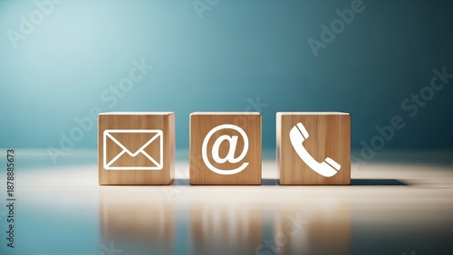 Contact us icons on wooden blocks for communication