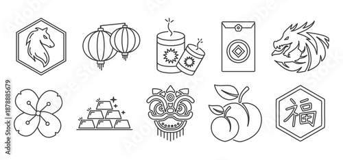 Chinese New Year 2026 icon set collection in outline style. Icon pack contain horse, latern, firecracker, red envelope, dragon, cherry blossom, gold ingot, lion, peach, fu character, Chinese New Year 