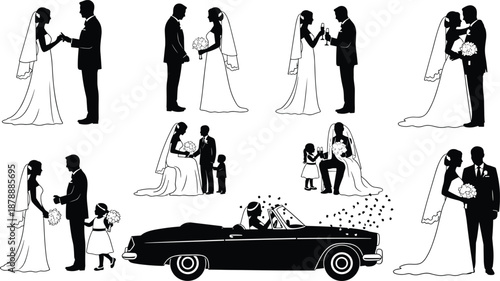 Vector collection of black wedding couple silhouettes including bride groom and vintage car for romantic marriage invitation design elements