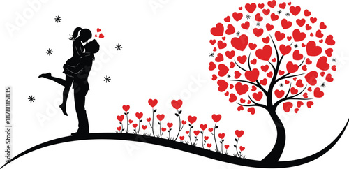 Romantic silhouette of couple in love kissing under tree with red hearts for valentine day greeting card background design