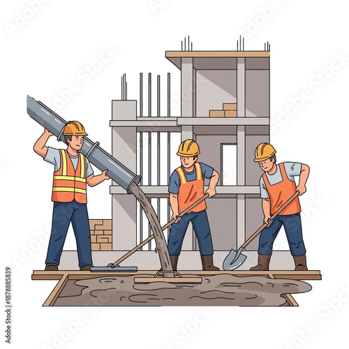 Construction excavator working on a building site with a city skyline in the background