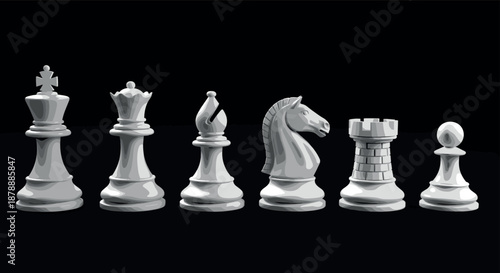 Full set of white chess pieces with king queen bishop knight rook and pawn isolated on black background