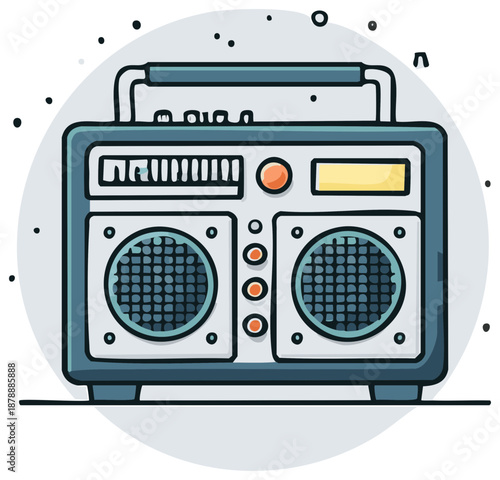 Retro Boombox Illustration with Speaker Details and Vintage Appeal for Musical Projects