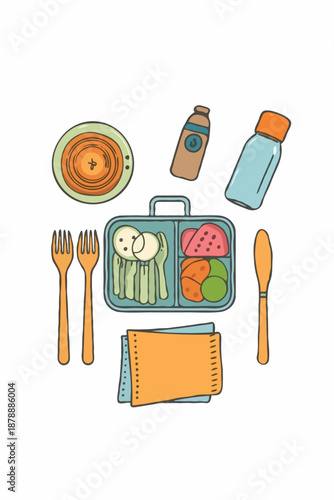 Flat vector illustration of a zero‑waste lunch kit with reusable lunch box, bottle, cutlery and fabric wrap, representing eco friendly meal prep, plastic free lunch and sustainable living.