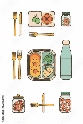 Flat vector illustration of a zero‑waste lunch kit with reusable lunch box, bottle, cutlery and fabric wrap, representing eco friendly meal prep, plastic free lunch and sustainable living.