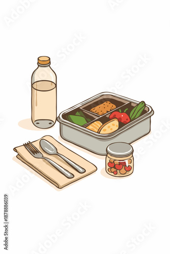 Flat vector illustration of a zero‑waste lunch kit with reusable lunch box, bottle, cutlery and fabric wrap, representing eco friendly meal prep, plastic free lunch and sustainable living.