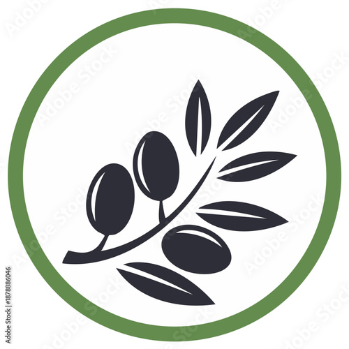 Olive Branch Icon - Green Circular Frame, Dark Olives and Leaves, Food Product Logo, Mediterranean Produce