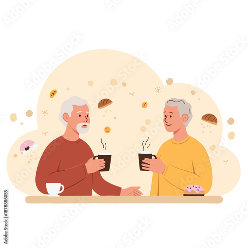 Two elderly men enjoying coffee and pastries at a cozy café  