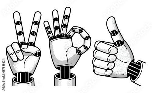 Robotic hands showing various positive gestures like peace, ok, and thumbs up