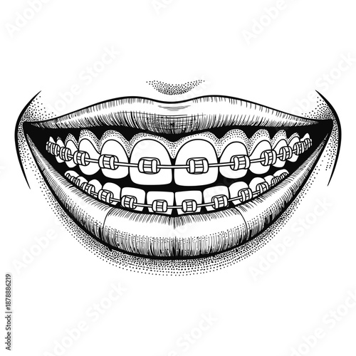 A detailed hand-drawn illustration of a smiling mouth showcasing dental braces for orthodontic treatment