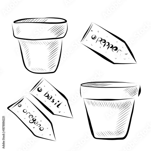 Outline drawing of a plant pot with the following labels pepper, basil, oregano.