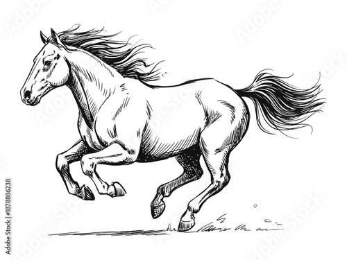 Graceful running horse illustration captured in a dynamic black and white sketch