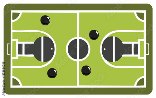 Top down vector illustration of a foosball table soccer field with multiple game balls and goals