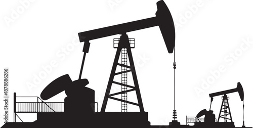 Industrial oil pump jack silhouette collection on transparent background depicting energy production and petroleum extraction gear