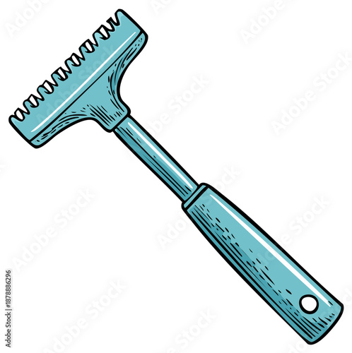 Vintage illustration of a garden rake tool, blue color. Isolated on white. Farming concept.