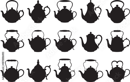 Traditional teapot and kettle silhouette assortment showcasing diverse vintage and classic porcelain and metal vessel styles art