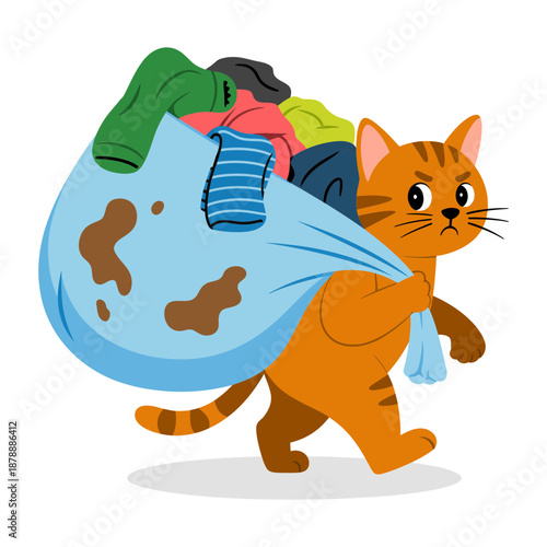 An orange cartoon cat diligently carries a large blue sack filled with dirty laundry