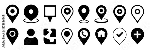 Collection of diverse black and white location pin map marker icons for navigation