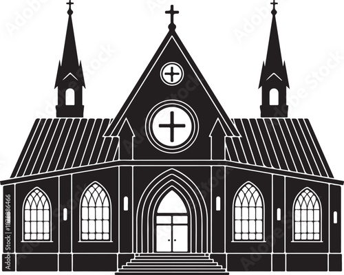 Gothic church building silhouette with architectural details including spires and stained glass window outlines for holy worship