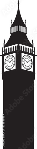 London clock tower silhouette featuring famous architectural details and clock face hands for british travel and landmark themes