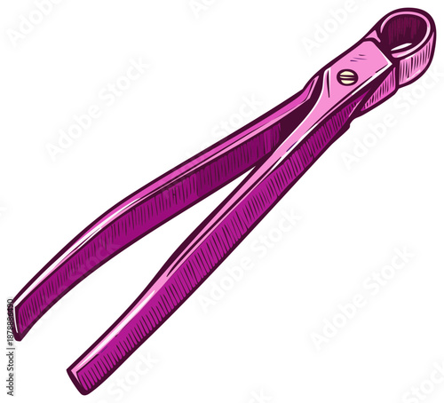 Pink Illustration of Bonsai Pliers, Gardening Tool with Outlined Textured Detail
