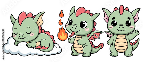 Adorable collection of baby green dragons in various cute poses including sleeping and breathing fire