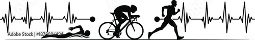 Vector black silhouettes of triathlon athletes swimming cycling and running with heartbeat pulse line for sport competition design elements