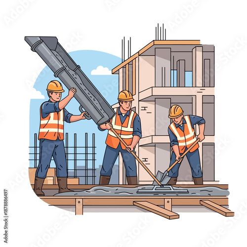 Construction workers pouring concrete on a building site, with safety vests and helmets