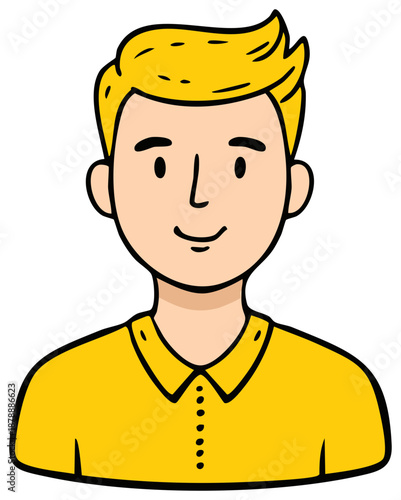 Cartoon portrait of a smiling young man with blonde hair wearing a yellow polo shirt