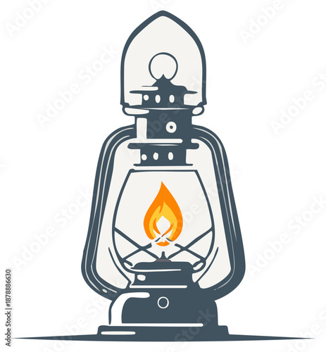Vintage illuminated kerosene lantern illustration with burning flame in cartoon style