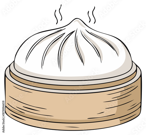 Steaming hot Xiaolongbao in bamboo steamer, a popular Cantonese dim sum dish, illustration, Asian cuisine