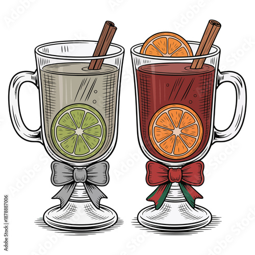 A festive pair of hot drinks, one with lime and the other with orange, garnished for celebration
