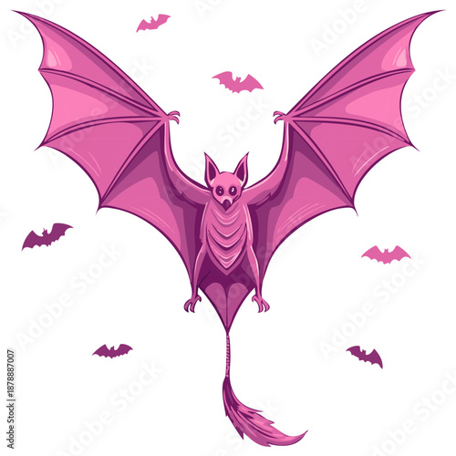 Whimsical Pink Bat with Spread Wings and Smaller Bats Flying Around