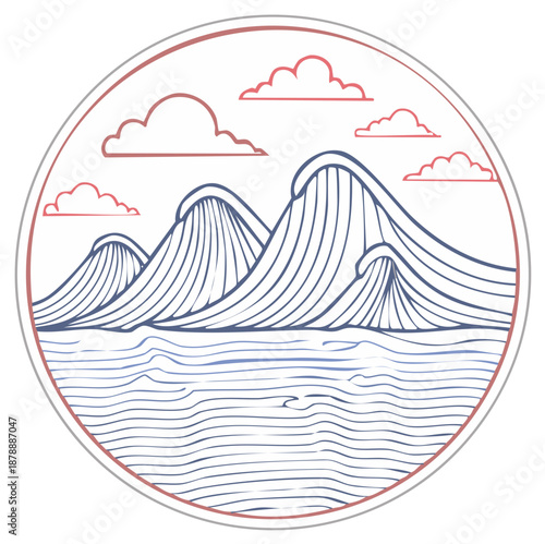 Seascape with Waves and Clouds in a Circle Graphic Ocean View Calm Waters Art Illustration