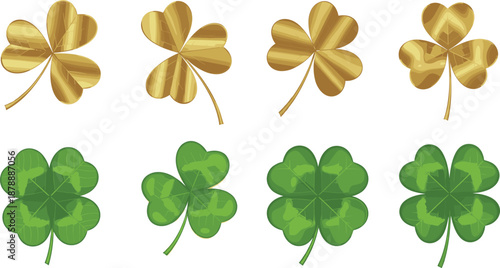 Set of golden and green shamrock and four leaf clover icons isolated on white background for Saint Patrick Day branding