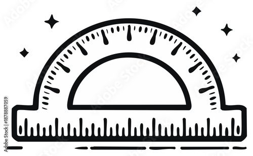 Illustrative semicircle protractor surrounded by sparkle accents symbolizes angular measurement