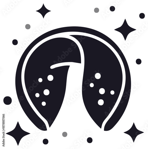 Open fortune cookie with sparkling stars and dots on white background