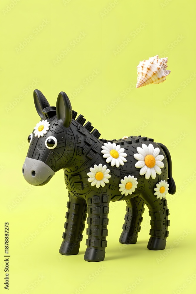 Fototapeta premium Playful Black Toy Donkey Adorned with Daisies Against a Vibrant Yellow Background
