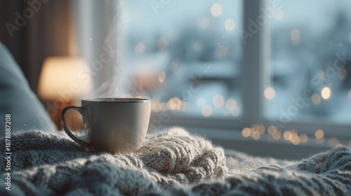 Warm drink on a cozy blanket by the window during snowy weather in a living room setting