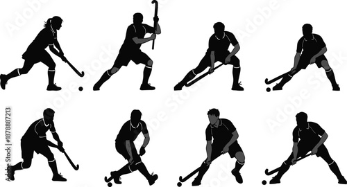 Black field hockey player silhouette icons set featuring male and female athletes with sticks and balls isolated on white background for sports competition design