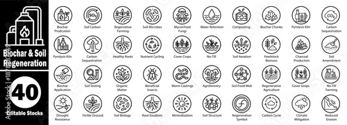 Biochar and soil regeneration icons set for agriculture and farming Vector Illustrator.