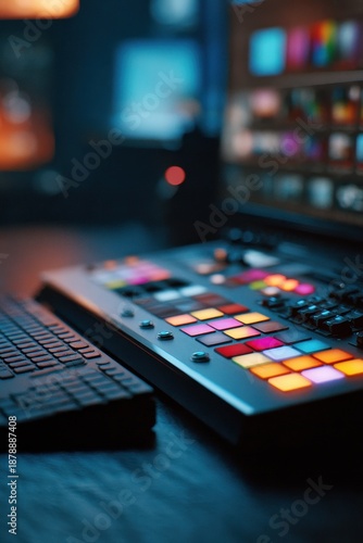 Control panel with colorful buttons and computer monitor during a late-night recording session in a studio